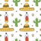 Mexican seamless pattern background with sombrero, tequila, lime, cactus.