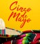 Mexican Serape blanket and sombrero on yellow background with Cinco de Mayo.