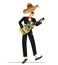 A Mexican skeleton of a musician with a guitar in a national costume and a full-length sombrero.