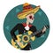 A Mexican skeleton of a musician with a guitar in a national costume and a sombrero.
