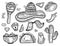 Mexican sketch engraving style icon set with Chili pepper, sombrero, tacos, nacho, burrito for banners, menu, promotion