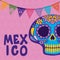 Mexican skull with banner pennant on pink background vector design