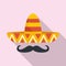 Mexican sombrero mustache icon, flat style