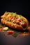 Mexican-style hotdog served with ripe tomatoes, fresh cucumbers, creamy guacamole, and aromatic cilantro, creating a delicious