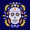 Mexican style ornamental skull with flourish, flowers and cross ornament. Ornate circle background of autumnal oak leaves. EPS 10