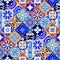 Mexican stylized talavera tiles seamless pattern in blue orange and white, vector