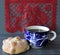 Mexican sweet bread, pan de muerto, papel picado and traditional skulls