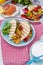 Mexican tacos with grilled vegetables and salmon. Healthy food for lunch. Fast food. Copy space