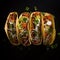 Mexican tacos with meat, vegetables and cheese on dark background