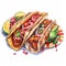 Mexican tacos with meat and vegetables. Watercolor hand drawn illustration