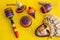 Mexican toys from Wooden, balero, yoyo and trompo in Mexico on a yellow background