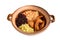 Mexican tradition dish Cazuela with fried chicken, beans rice and potato on white background side view