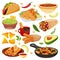 Mexican traditional holiday food dishes. Vector flat cartoon illustration. Set of isolated mexico cuisine meal