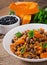 Mexican vegan vegetable pilaf with haricot beans and pumpkin