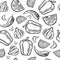 Mexican vegetables seamless pattern. Tomato, pepper, garlic texture. Black and white illustration. Line art backdrop for menu and