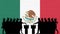 Mexican voters crowd silhouette in election with Mexico flag graffiti in front of brick wall