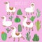 Mexican white alpaca lamas and desert plants vector set