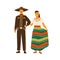 Mexican woman and man wearing traditional costumes. Male person in national hispanic suit and sombrero. Female character