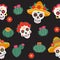 Mexico dead day pattern. Death skull and cactus, mexican pinata, chili or america fiesta hat and mask, south inca. Heads