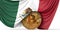 Mexico flag draped over a bitcoin cryptocurrency coin. 3D Rendering