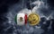 Mexico flag smashing into a gold bitcoin crypto coin. 3D Rendering