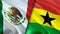 Mexico and Ghana flags. 3D Waving flag design. Mexico Ghana flag, picture, wallpaper. Mexico vs Ghana image,3D rendering. Mexico