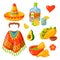 Mexico icons illustration traditional graphic travel tequila alcohol fiesta drink ethnicity aztec maraca sombrero.