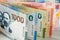 Mexico money, mexican pesos, stacked various banknotes, 1000 pesos banknote, financial business concept, close up