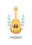 Mexico musica culture print. Mariachi logo. Hand drawn guitar icon. Day of the Dead card. Dia de los Muertos poster