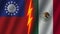 Mexico and Myanmar Flags Together, Fabric Texture, Thunder Icon, 3D Illustration