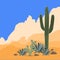 Mexico pattern with opuntia, agave, and saguaro cacti. Mountains background. Place for text