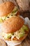 Mexico`s overstuffed cemita poblana brims with queso blanco, chipotle, pepper, avocado, papalo and crisp fried cutlet close-up.