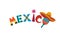 Mexico word in Mexican traditional ornament text for festive card or invitation in country. Bright design element sun