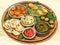 Meze illustration with other vegan snack. Traditional Turkish or Arabic meze sauces. Set of various meze, hummus dips, and
