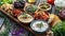 mezze platter, an assortment of dips and bread, adorned with colorful vegetable garnishes, with beautiful sunlight on a