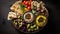 Mezze platter dish top-down view, an assortment of hummus, olives, falafel, and warm pita bread, generative ai