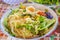 ( Mi Quang) noodle with meat, vegetable, fish, chicken and spices