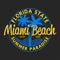 Miami Beach, Florida State - typography for design clothes, t-shirts with palm trees and waves. Graphics for apparel. Vector.