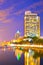 Miami Beach Florida at sunset, colorful skyline