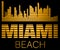 Miami Beach lettering , gold silhouette buildings with black lines. Travel card.