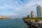 Miami beach promenade along Government Cut water channel at South Pointe in Florida, USA