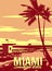 Miami Beach Retro Poster. Lifeguard house on the beach, palm, coast, surf, ocean. Vector illustration vintage