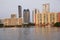 Miami city skyline with skyscrapers and modern buildings on the water.