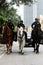 Miami Downtown, FL, USA - JUNE 4, 2020: Three horses with equestrians in a police form. American Police.