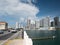 Miami, Florida, USA. August 2019. Cars on Miami Venetian Causeway Drawbridge and Miami skyline in background