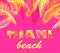 Miami lettering for t-shirt print with yellow palm leaves on pink background