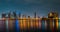 Miami panorama time lapse. Night sky timelapse on Miami beach city. Cityscape with ocean water. MacArthur downtown