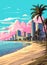 Miami resort city at sunset. Summer cityscape and sea shore with sand beach and palm trees, vector