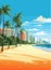 Miami resort city at sunset. Summer cityscape and sea shore with sand beach and palm trees, vector