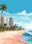 Miami resort city at sunset. Summer cityscape and sea shore with sand beach and palm trees, vector